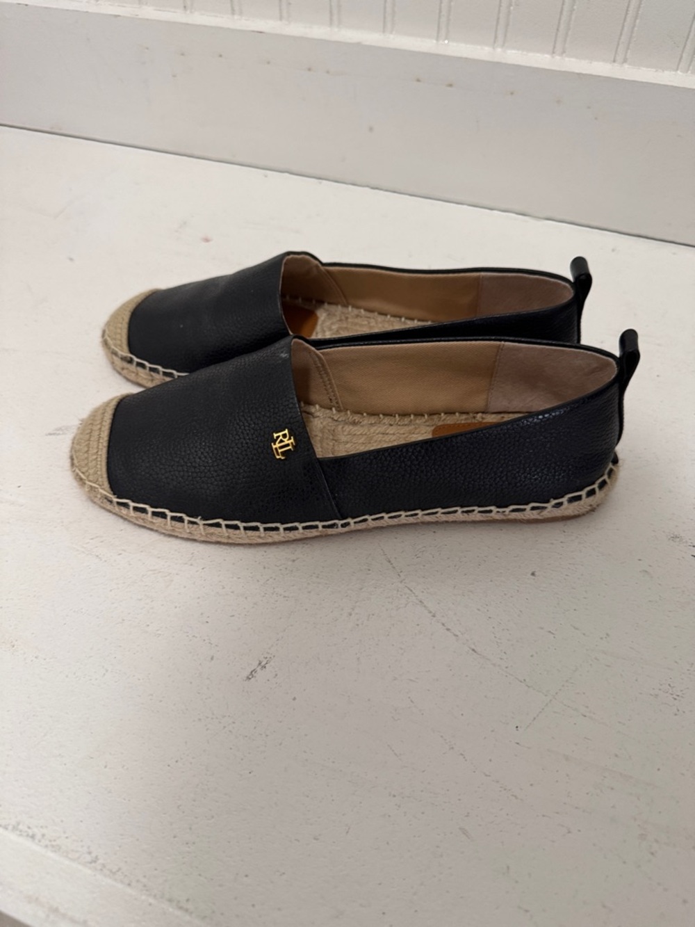 Ralph Lauren Black Leather Espadrille Flats with Gold RL Accent